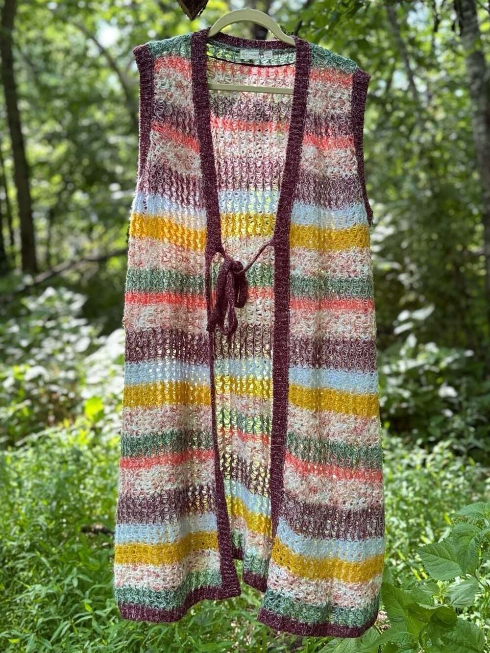C Est 1946 Multi-Color Striped Open Knit Sleeveless Cardigan Vest